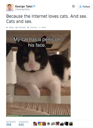Illustration for article titled George Takei's cat has a penis on his face......